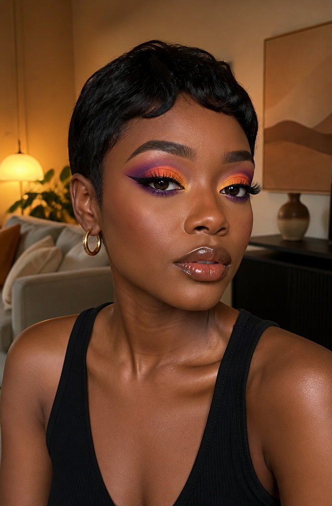 20 Black Makeup Looks for Every Mood and Moment 15 A model with sunset-colored eyeshadow on her eyelids.