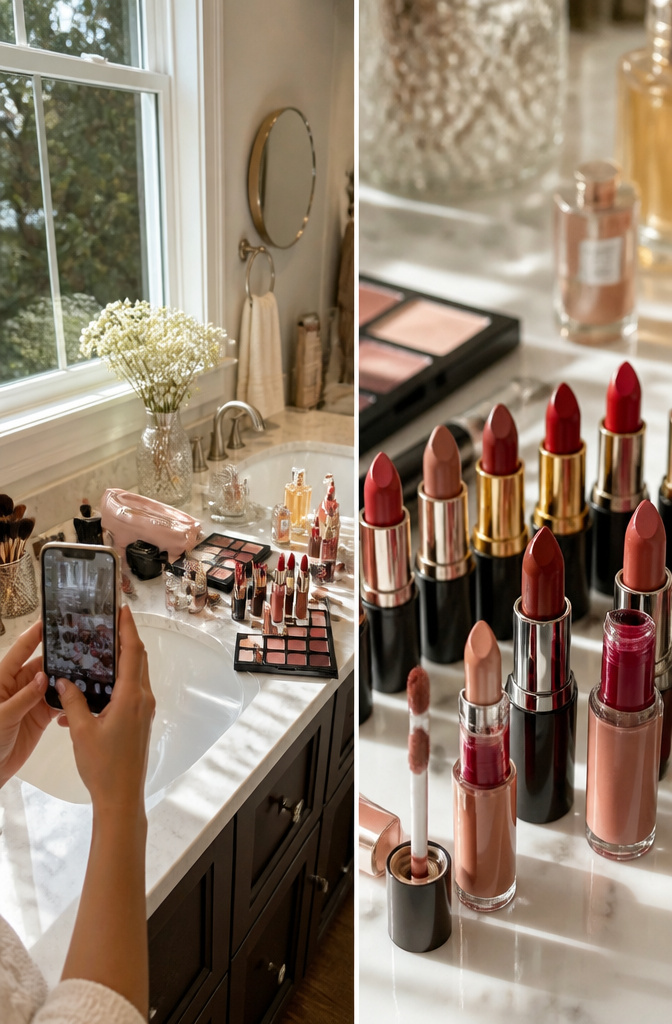 Unique Prom Makeup: 10 Looks for the Night, From Soft Glam to Vintage and Beyond 15 A model trying out prom makeup in front of a mirror.