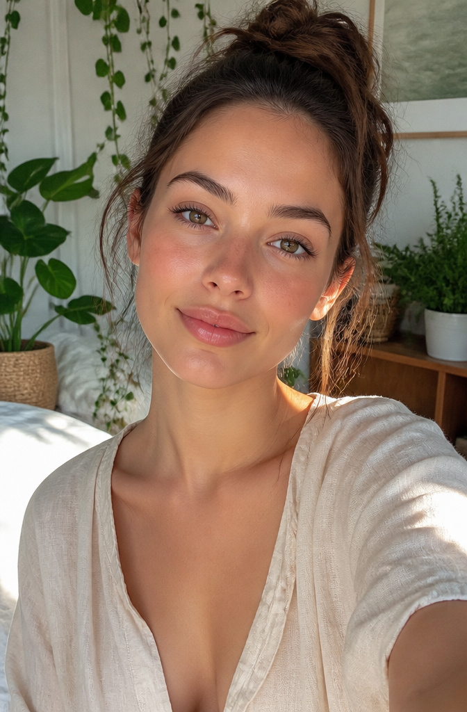 16 Cool Makeup Designs for 2026: From Ocean Eyes to Soft Glam 15 Model with a natural makeup look featuring soft blush and tinted lips.
