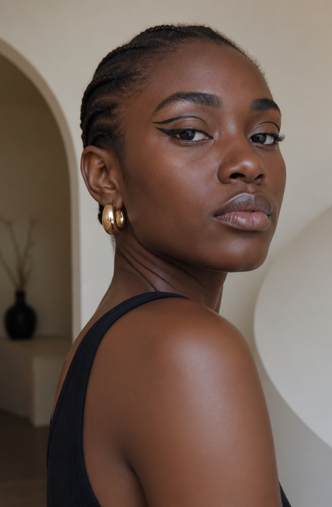 20 Black Makeup Looks for Every Mood and Moment 16 A model showcasing bold graphic eyeliner.