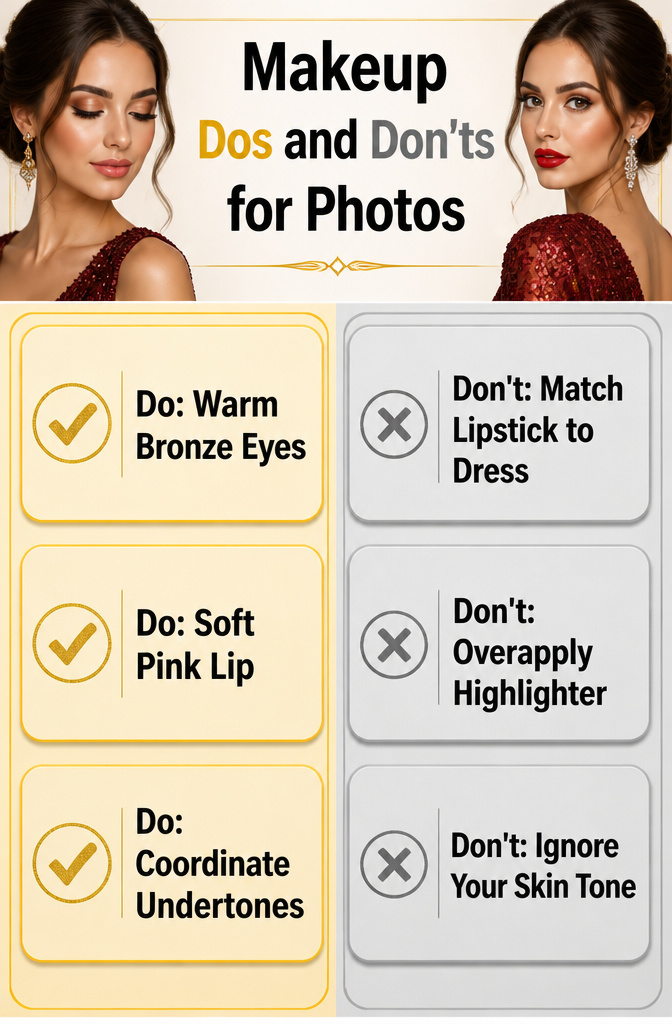 Unique Prom Makeup: 10 Looks for the Night, From Soft Glam to Vintage and Beyond 16 An infographic detailing makeup dos and don'ts for prom photos.
