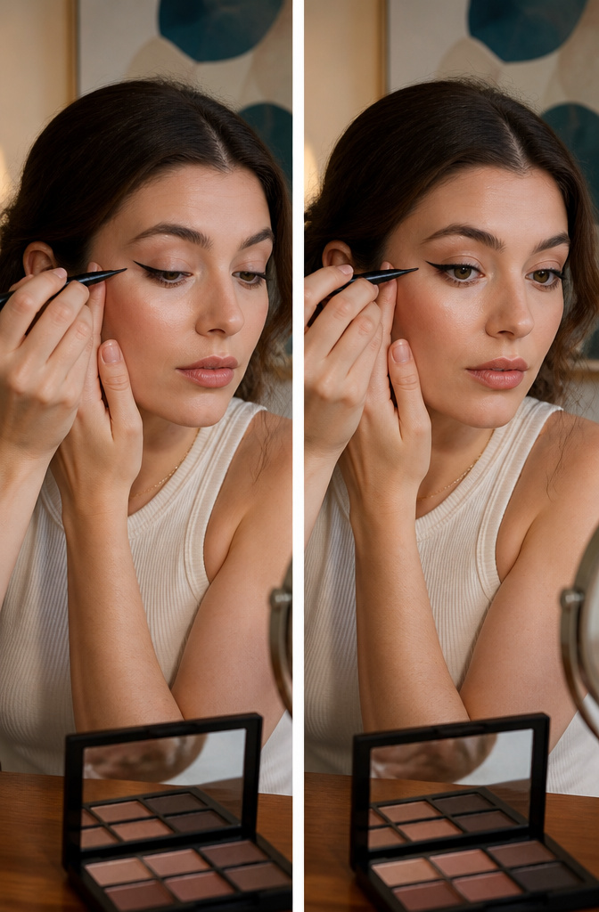 12 Hooded Eyes Makeup Styles That Keep Color Visible 17 Close-up of a model's eyes with thin eyeliner applied.