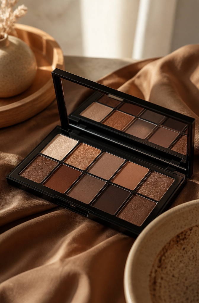 20 Black Makeup Looks for Every Mood and Moment 18 A close-up of a makeup palette with earthy tones.