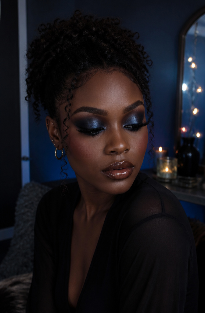 20 Black Makeup Looks for Every Mood and Moment 19 A model with deep blue-black eyeshadow.