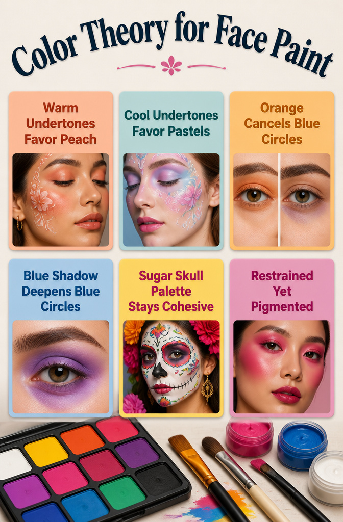 16 Cool Makeup Designs for 2026: From Ocean Eyes to Soft Glam 19 Information image detailing color theory for face paint applications.