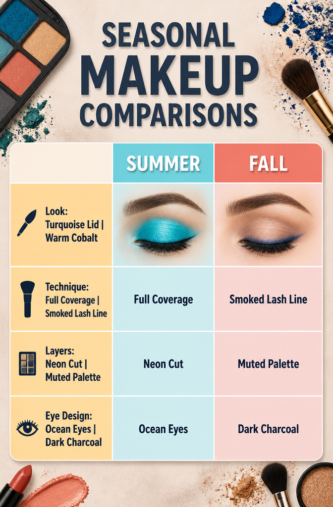 16 Cool Makeup Designs for 2026: From Ocean Eyes to Soft Glam 20 Information image comparing seasonal makeup looks and color choices.