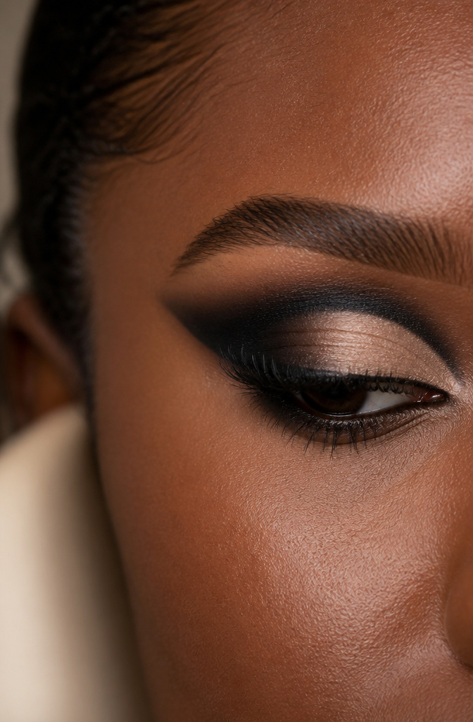 20 Black Makeup Looks for Every Mood and Moment 20 A model displaying a bold inky cut crease makeup.