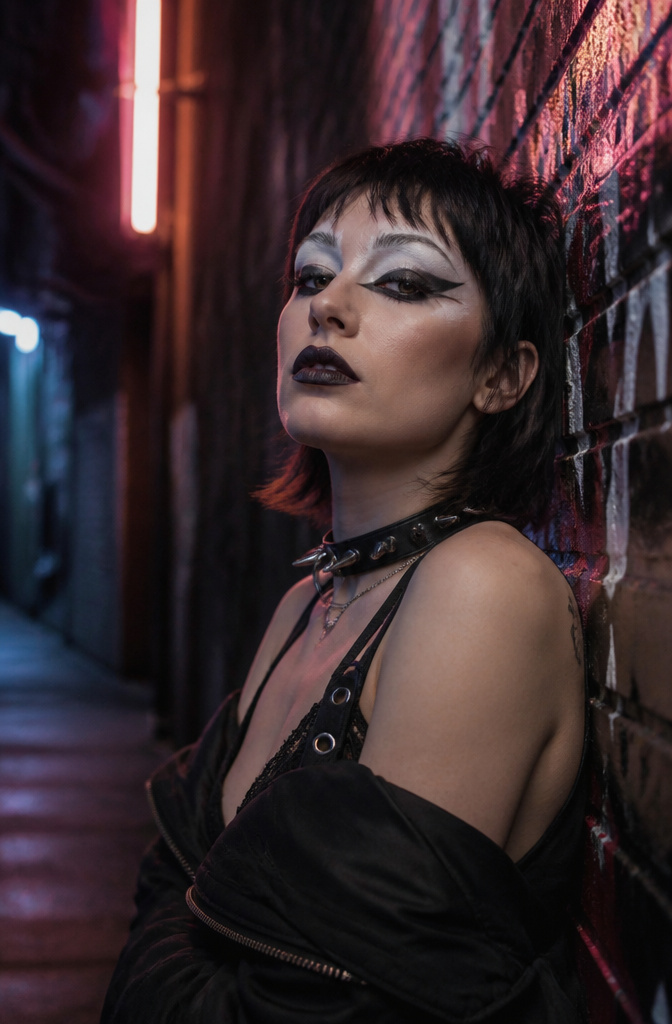 How to Do Easy Alt Makeup: 6 Steps for Alternative Looks in 2026 3 Model in a grungy alley with matte white eyeshadow and black outline.