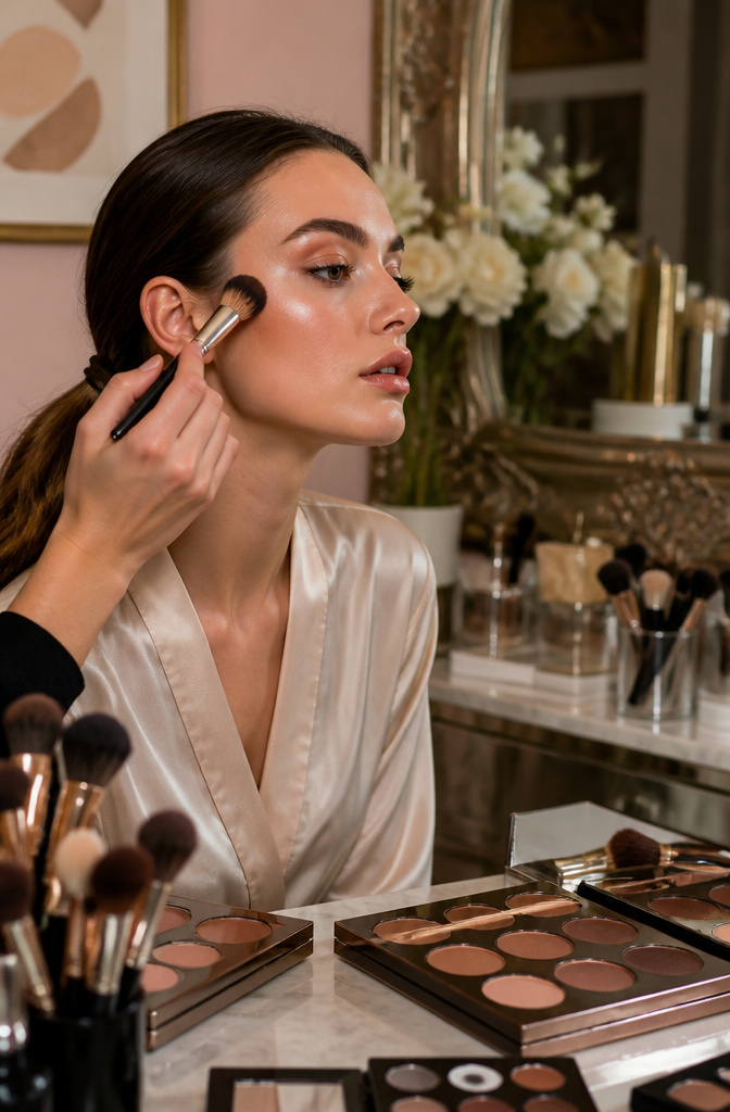 Artistic Make Up: A 10-Step Guide to Creative Application 3 Model having makeup blended on her face with brushes.