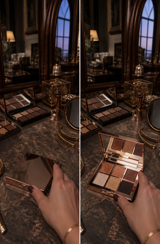 Ideas for Dark Green Eyeshadow: 8 Complementary Palettes 2026 3 Palette of warm browns and coppers displayed on a makeup counter.