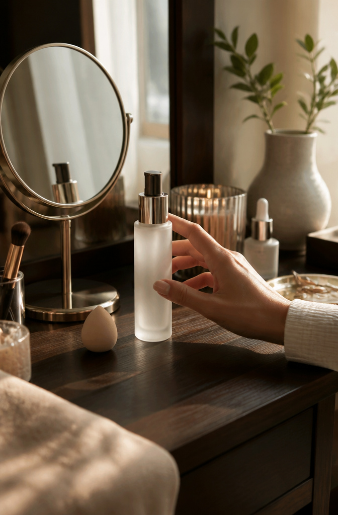 Natural Basic Makeup: A 10-Step Guide for 2026 3 Primer bottle with a makeup sponge and mirror on a dark wooden vanity.