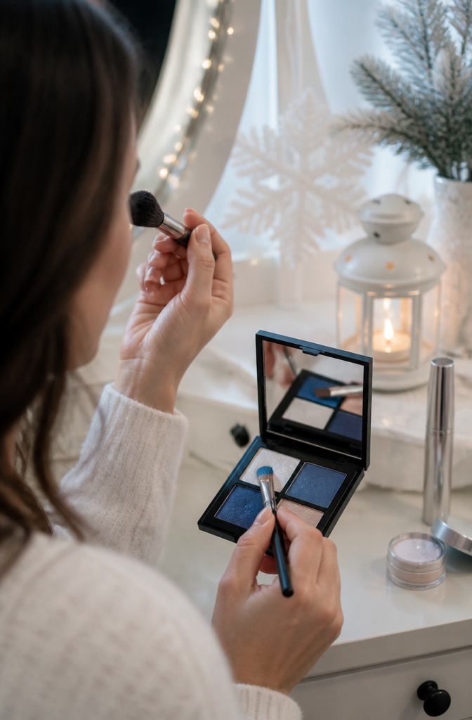 Icy Makeup Look: Tutorial for Winter 2026 in 7 Steps 3 Model applying cerulean blue eyeshadow with a flat brush.