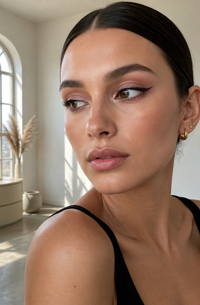 Makeup With No Lashes: A 2026 Guide to Full Looks 3 Model's eyes featuring winged eyeliner and neutral eyeshadow.