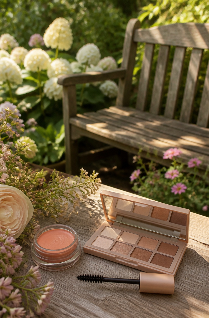Unique Prom Makeup: 10 Looks for the Night, From Soft Glam to Vintage and Beyond 3 A model showcasing natural makeup with peach blush in a garden.
