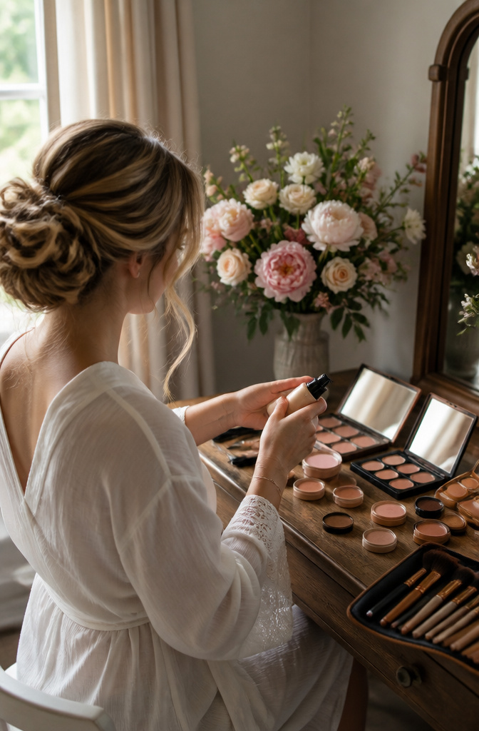 Natural Wedding Day Makeup: A 2026 Guide to Styles and Methods 3 Bridal makeup spread featuring foundation, blushes, and brushes.