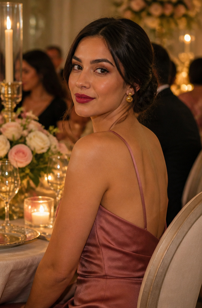 Wedding Guest Makeup: A Research-Based Guide to Modern Looks 3 A model showcasing soft glam makeup, featuring defined brows and shimmery eyeshadow.