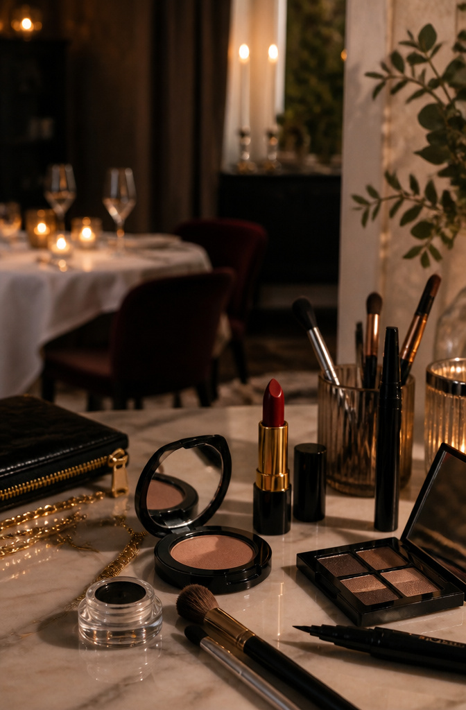 7 Makeup Ideas for a Black Dress: Work to Night 2026 3 Makeup products arranged for date night with radiant skin and red lip.