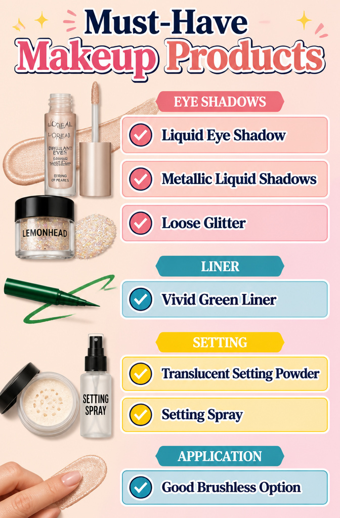 16 Cool Makeup Designs for 2026: From Ocean Eyes to Soft Glam 21 Information image showcasing recommended makeup products for various looks.