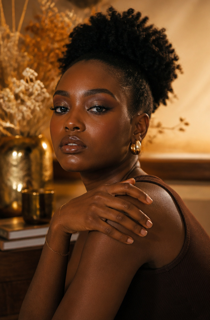 20 Black Makeup Looks for Every Mood and Moment 4 A model with glossy eyeshadow in deep green and brown hues.