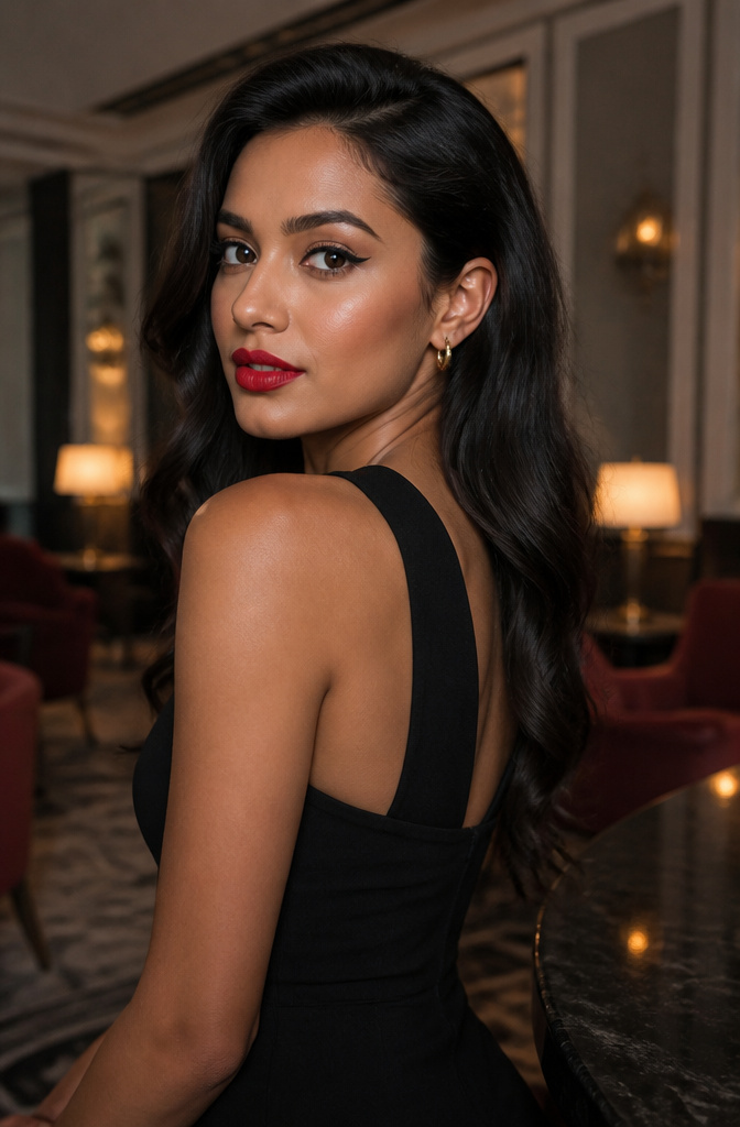 7 Makeup Ideas for a Black Dress: Work to Night 2026 4 Model with red lip and cat eye makeup in a softly lit lounge.