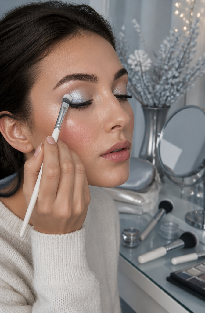Icy Makeup Look: Tutorial for Winter 2026 in 7 Steps 4 Model applying icy white eyeshadow to the center of the eyelid.