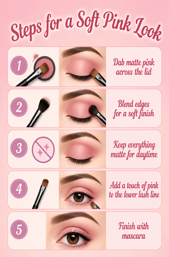 7 Steps: Pink Eyeshadow Tutorial for Soft to Smoky Looks (2026) 4 Information graphic outlining steps for a soft pink eyeshadow look.