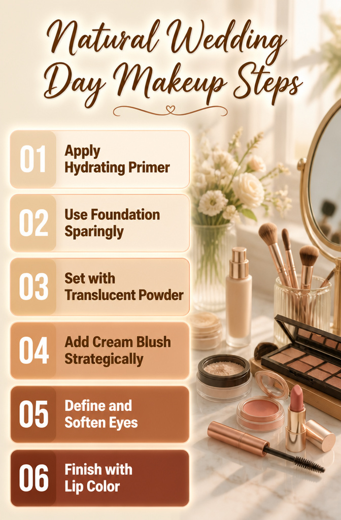 Natural Wedding Day Makeup: A 2026 Guide to Styles and Methods 4 Step-by-step guide for applying natural wedding day makeup.