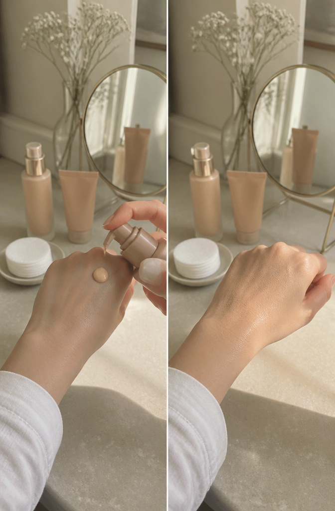 Natural Basic Makeup: A 10-Step Guide for 2026 4 Close-up of a foundation tube with a hand applying it to the skin.