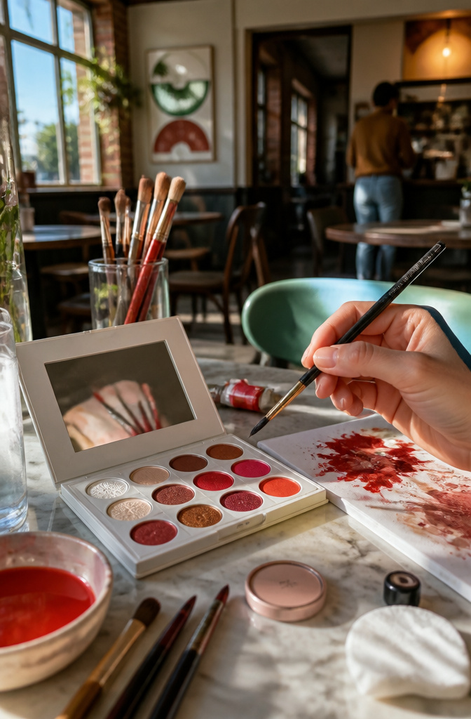 How to Do Easy Alt Makeup: 6 Steps for Alternative Looks in 2026 4 Close-up of makeup tools and a COLOURPOP palette in a café.