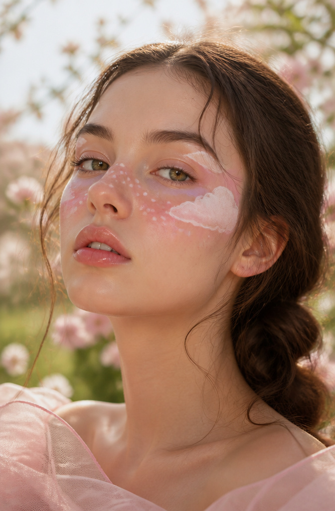 16 Cool Makeup Designs for 2026: From Ocean Eyes to Soft Glam 4 Model's face with white liner clouds and pastel blush streaks.