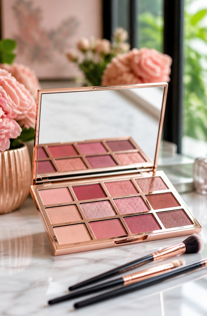Ideas for Dark Green Eyeshadow: 8 Complementary Palettes 2026 4 Selection of pink and rose gold eyeshadows on a vanity.