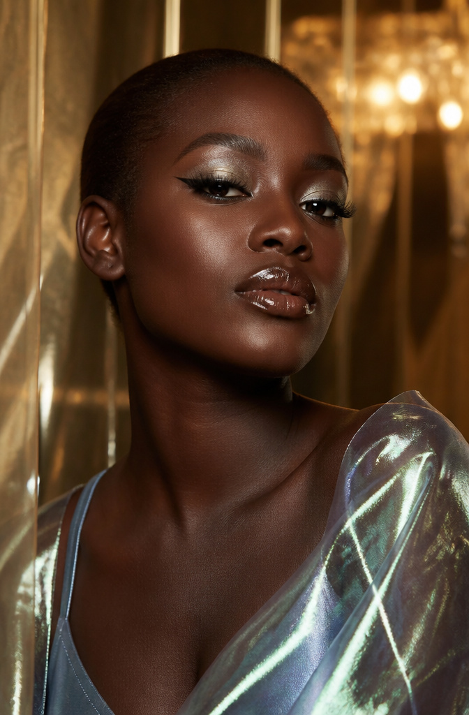 20 Black Makeup Looks for Every Mood and Moment 5 A model showcasing metallic gray eyeshadow and bold eyeliner.