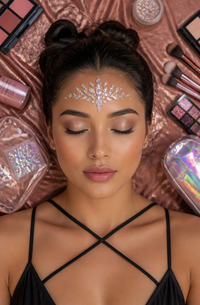 Makeup With No Lashes: A 2026 Guide to Full Looks 5 Model's face adorned with colorful face gems.