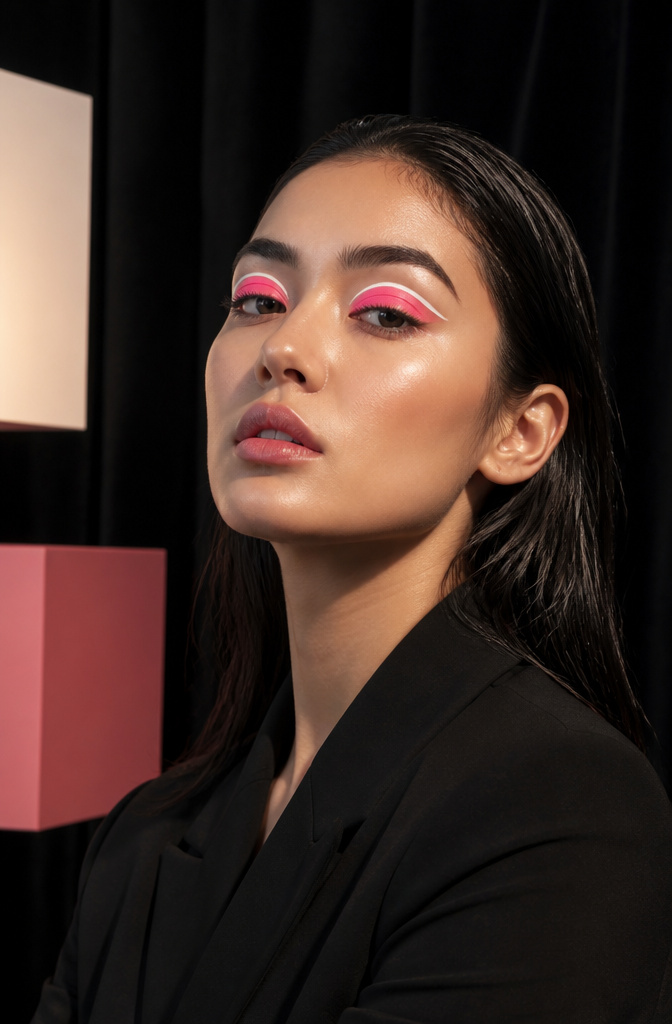 16 Cool Makeup Designs for 2026: From Ocean Eyes to Soft Glam 5 Model with neon pink eyeshadow and defined white liquid liner crease.