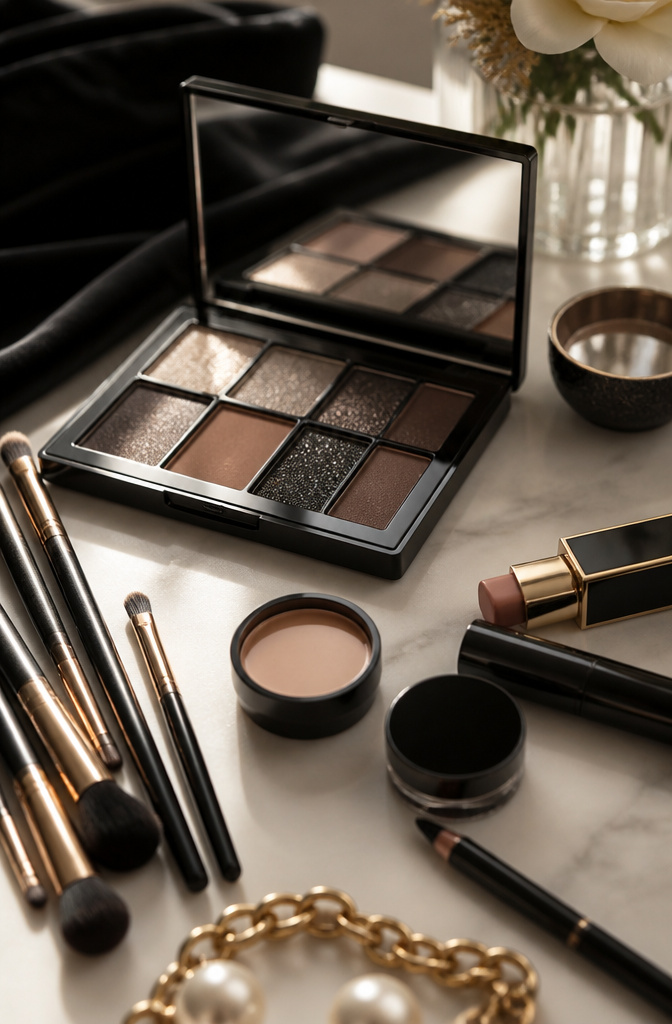 7 Makeup Ideas for a Black Dress: Work to Night 2026 5 Makeup artist's palette showcasing smoky eye and nude lip products.