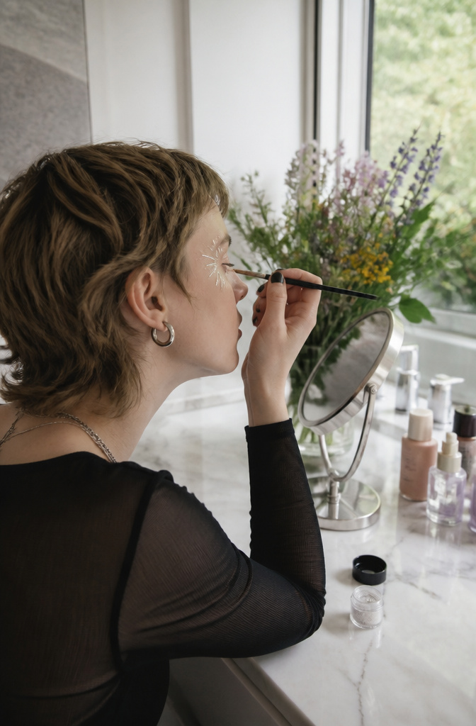 How to Do Easy Alt Makeup: 6 Steps for Alternative Looks in 2026 5 Model using an eyeliner brush to apply eye glitter in a bathroom.