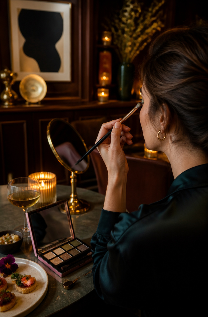 Ideas for Dark Green Eyeshadow: 8 Complementary Palettes 2026 5 Model applying shimmering gold eyeshadow in a stylish setting.