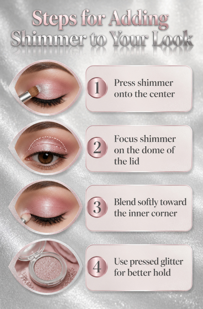 7 Steps: Pink Eyeshadow Tutorial for Soft to Smoky Looks (2026) 5 Information graphic detailing steps for adding shimmer to eyeshadow.