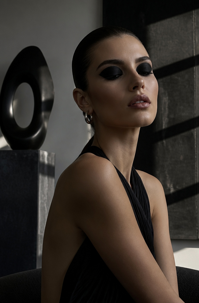 Dark Makeup Looks: 20 Bold Eye Styles for 2026 5 Model with total blackout makeup in deep black pigment.