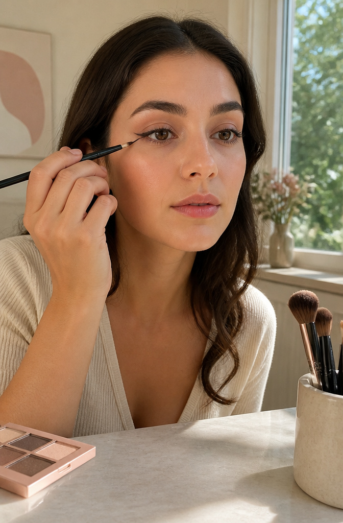 12 Hooded Eyes Makeup Styles That Keep Color Visible 5 Close-up of a model's eyes with a mini wing eyeliner applied.