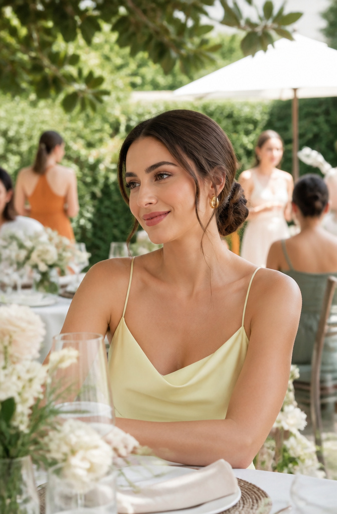 Wedding Guest Makeup: A Research-Based Guide to Modern Looks 5 A model displaying minimalist makeup in a bright outdoor brunch setting.