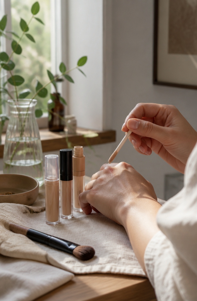 Natural Basic Makeup: A 10-Step Guide for 2026 5 Concealer products and a makeup brush on a soft cloth.