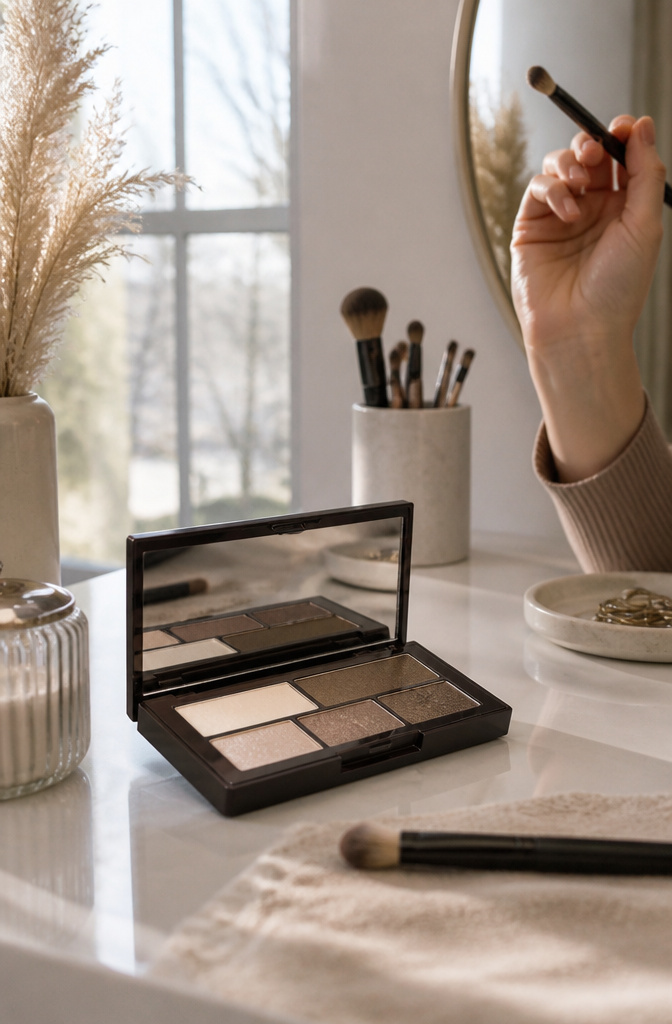 Ideas for Dark Green Eyeshadow: 8 Complementary Palettes 2026 6 Soft neutral eyeshadow palettes arranged on a minimalist vanity.