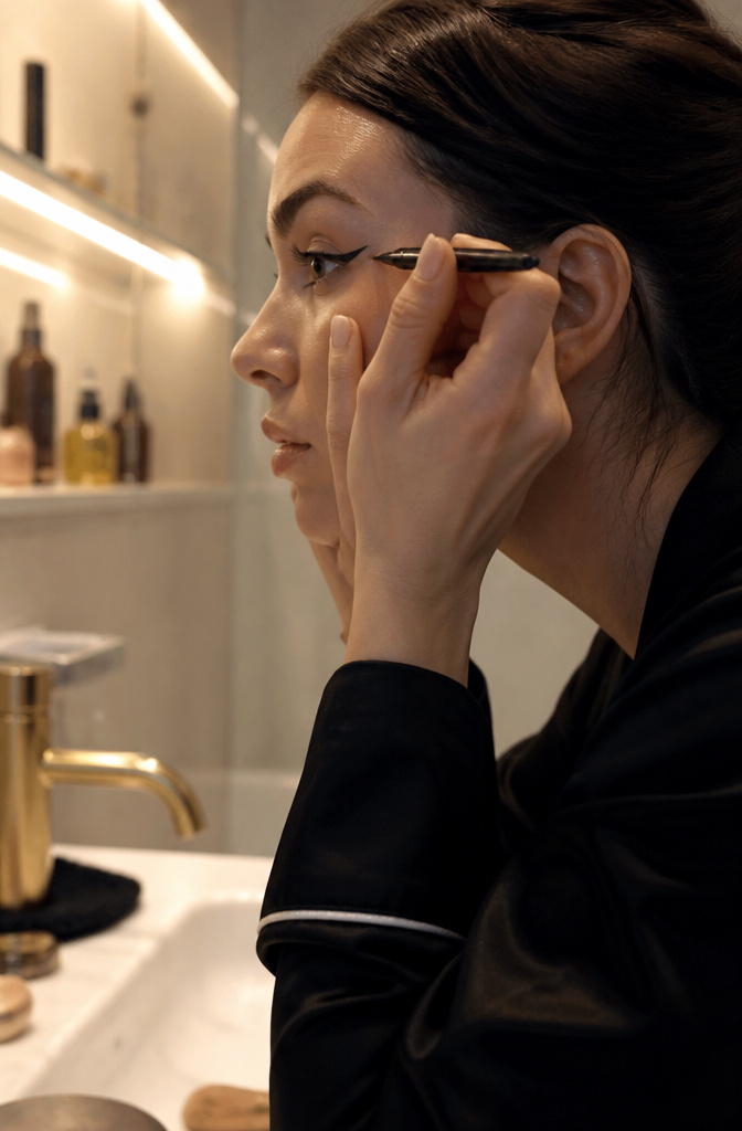Artistic Make Up: A 10-Step Guide to Creative Application 6 Close-up of a model applying eyeliner in a bathroom.