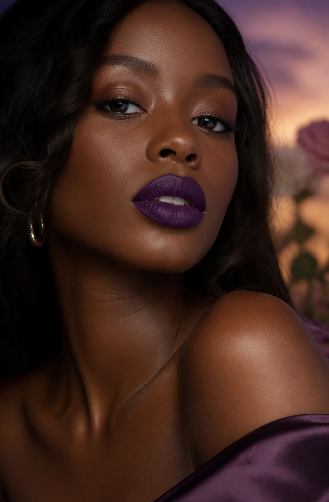 20 Black Makeup Looks for Every Mood and Moment 6 A model with striking purple lip color on dark skin.