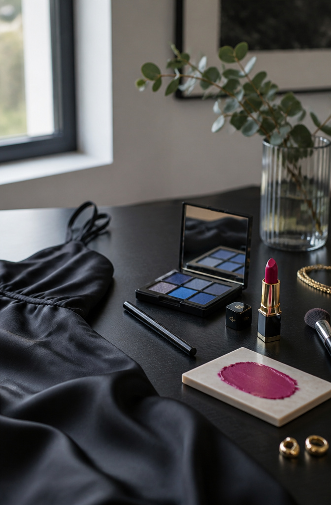 7 Makeup Ideas for a Black Dress: Work to Night 2026 6 Vibrant makeup display featuring blue eyeshadow and fuchsia lip color.