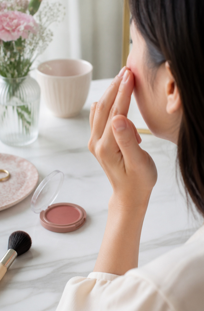 Natural Basic Makeup: A 10-Step Guide for 2026 6 Open cream blush compact with a hand applying blush to a cheek.