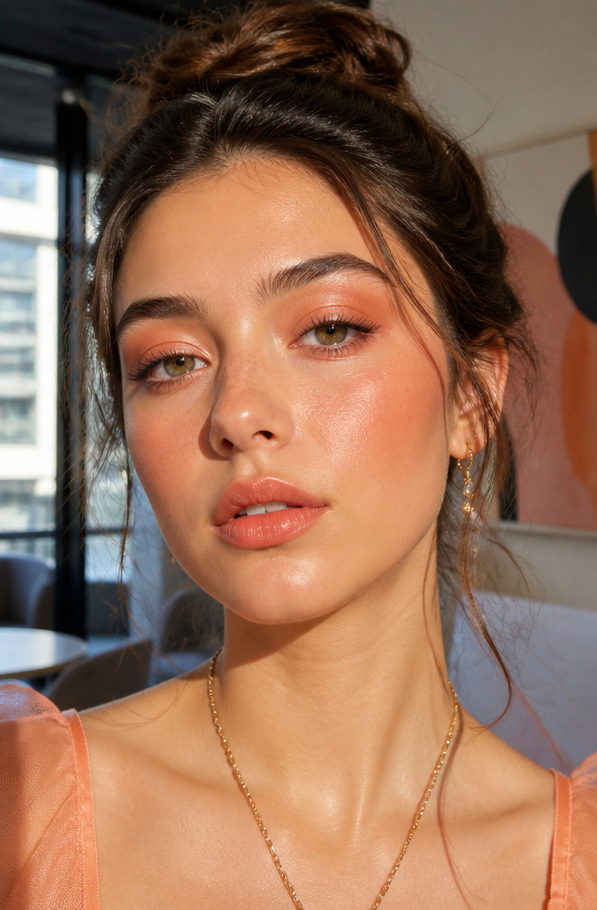 Unique Prom Makeup: 10 Looks for the Night, From Soft Glam to Vintage and Beyond 6 A model with warm peach makeup on her eyes, cheeks, and lips.