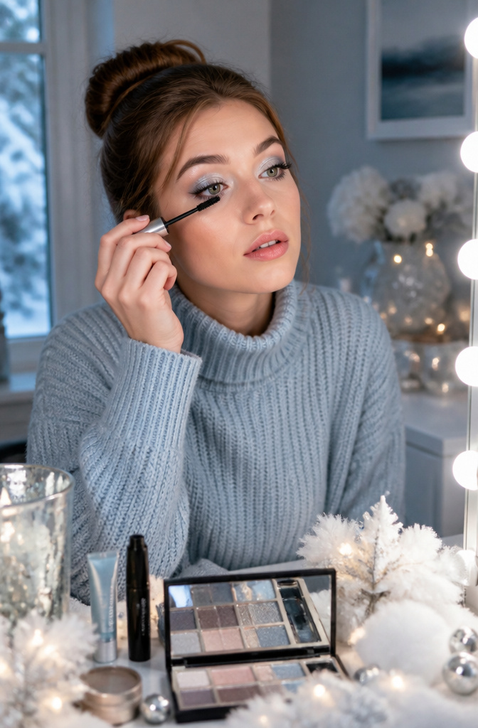 Icy Makeup Look: Tutorial for Winter 2026 in 7 Steps 6 Model applying volumizing mascara to her lashes at a vanity.