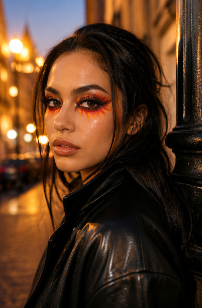 16 Cool Makeup Designs for 2026: From Ocean Eyes to Soft Glam 6 Model's lower eyes adorned with flame-shaped burgundy and orange makeup.